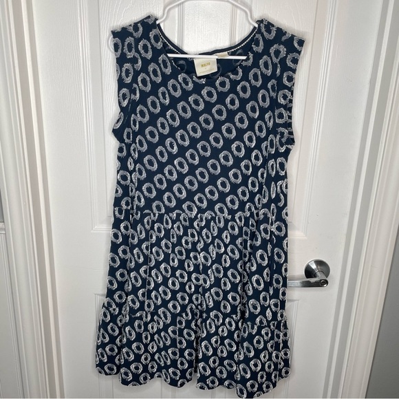 Maeve Lisanne Blue White Textured Circled Mini Dress Boho Flowy Oversized S - Picture 2 of 12